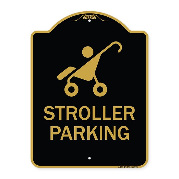 Reserved Stroller Parking W/ Graphic, Black & Gold Aluminum Sign, 18" x 24", BG-1824-22985